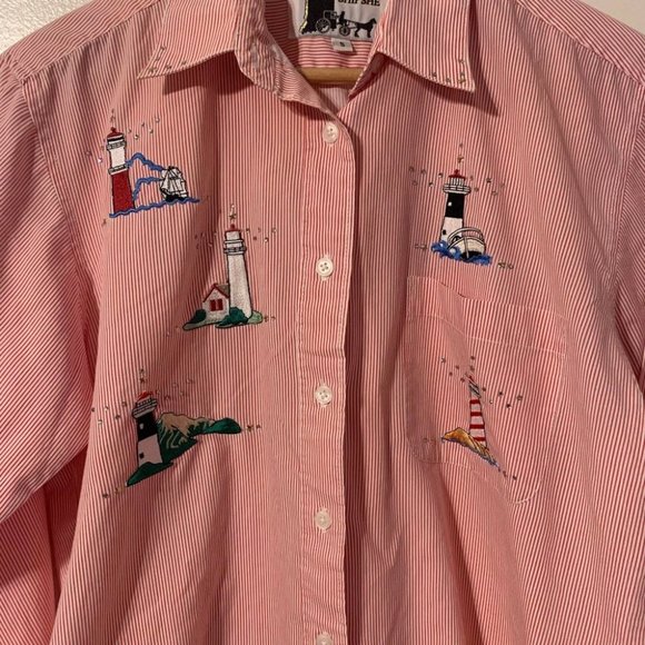SHIPSHE Pinstripe Lighthouse Patches Longlsleeve Collared Shirt Sz S - Picture 3 of 8